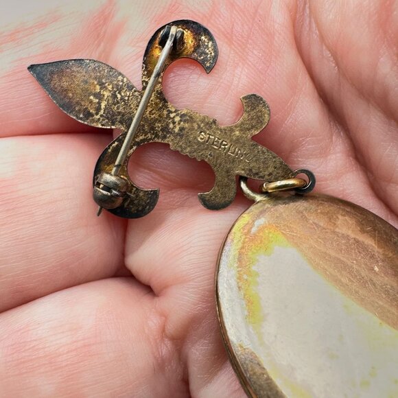 Antique Sterling Silver Yellow Guilloche Fleur De Lis Picture Locket Pin Brooch - Picture 5 of 7